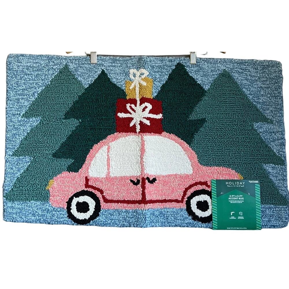 Christmas Accent Rug 18x29 Hooked Rustic Cottage Cabin Christmas Tree NEW